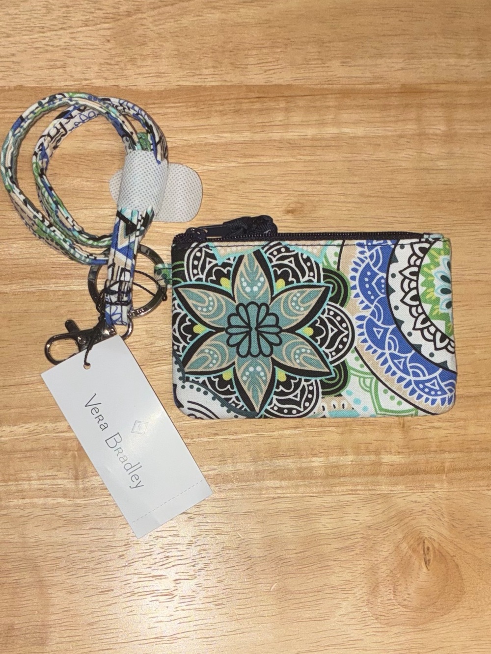 Vera Bradley Teal, Blue & Green Floral Zip Card Holder with Lanyard